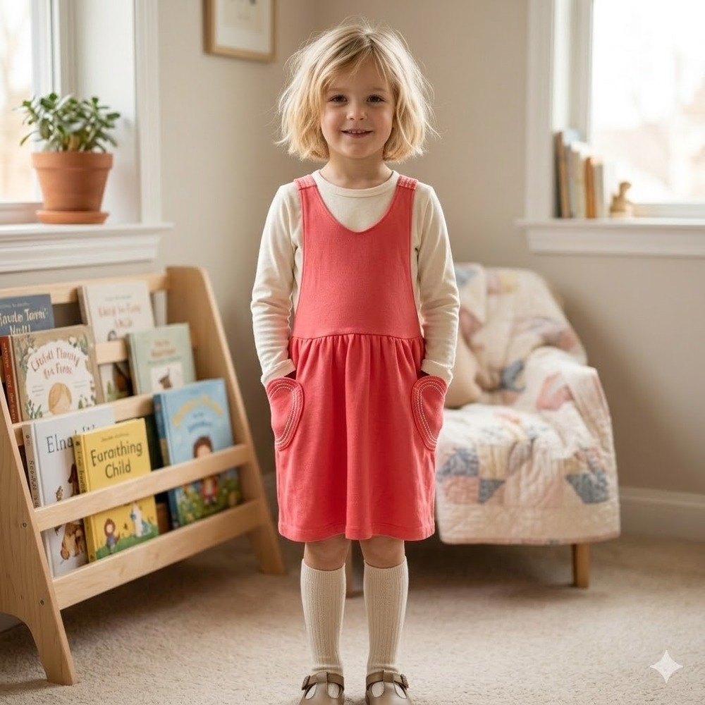 Mini Boden Girls Red Jersey Pinafore Dress Heart Pockets G1708 Size 6-7Y 122cm